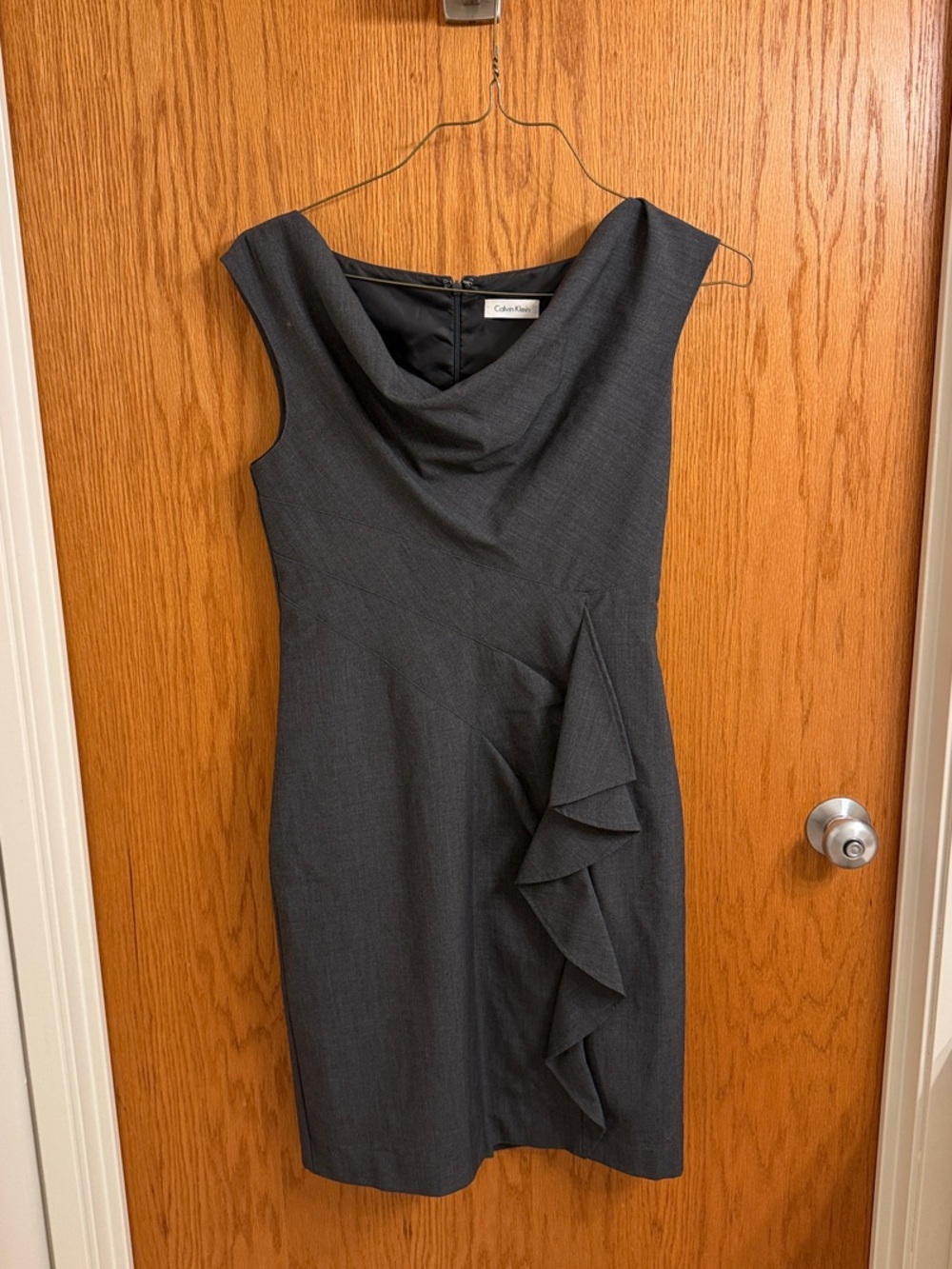 Calvin Klein Dark Gray Cocktail Dress with Ruffle, office wear, suiting